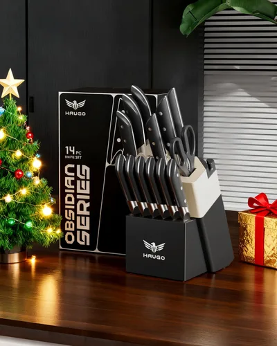 Vista 7 de Juego de cuchillos de cocina Haugo con bloque: juego de 14 piezas de cuchillos profesionales de acero inoxidable alemán de tajo completo - Gris negro