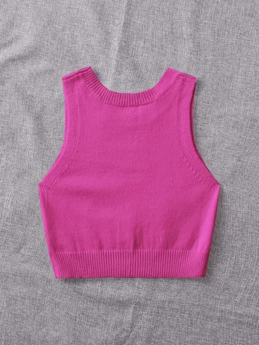 Vista 2 de SOLY HUX Suéter de punto acanalado para mujer, sin mangas, cuello redondo, camiseta corta sin mangas