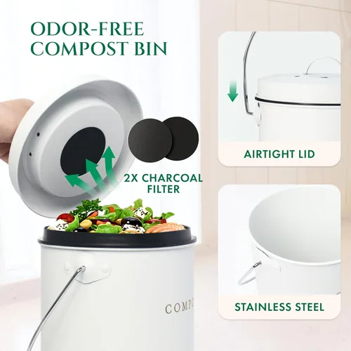 Vista 4 de Cubo de compost de 1.3 galones blanco para interior, sin olor, con tapa, para compostaje de residuos de alimentos, contenedor de cocina, contenedor