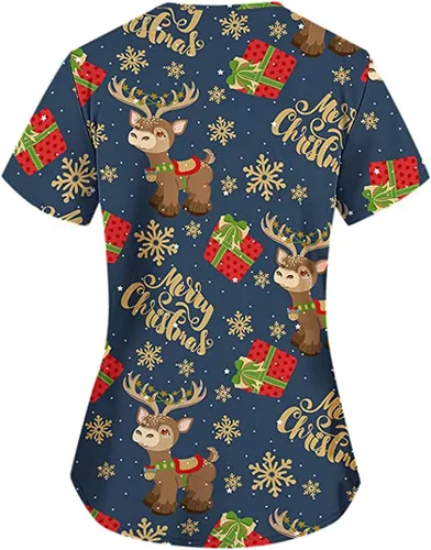 Vista 6 de Camisetas médicas de Feliz Navidad para mujer, camisas médicas de hospital, cuello en V, manga corta, uniformes de trabajo impresos