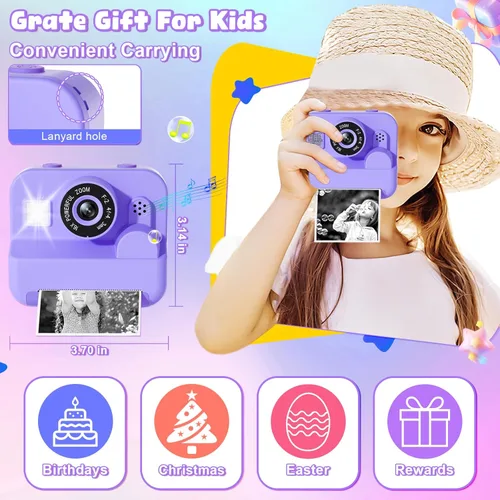 Vista 5 de Cámara digital para niños con impresión instantánea - Cámara de video digital HD 1080P para niños pequeños con papel de foto para imprimir, juguete