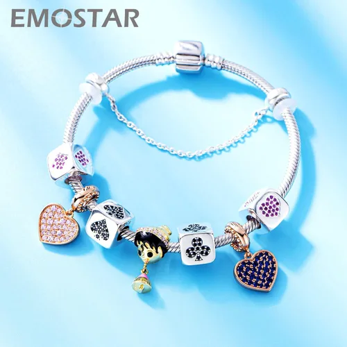 Vista 4 de EMOSTAR Abalorios de número 0-9 en forma de dados y cuentas de póquer, 4 trajes de cuentas, plata de ley 925 con circonita cúbica, se adapta a