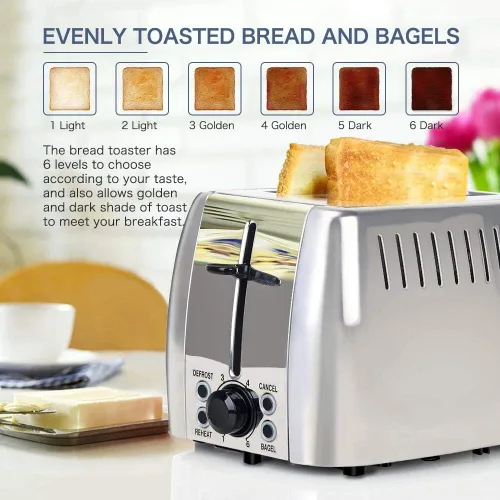 Vista 2 de Tostadoras de acero inoxidable de 2 rebanadas de ranura ancha para bagels 6 Browning Setting, Bagel/Reheat/Defrost/Cancel Function, Slim Toaster 2