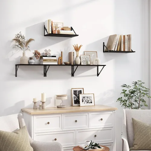 Vista 6 de Heimlove - Estantes flotantes negros profundos para pared, juego de 2 estantes de pared de madera de 16 pulgadas de ancho x 8 pulgadas