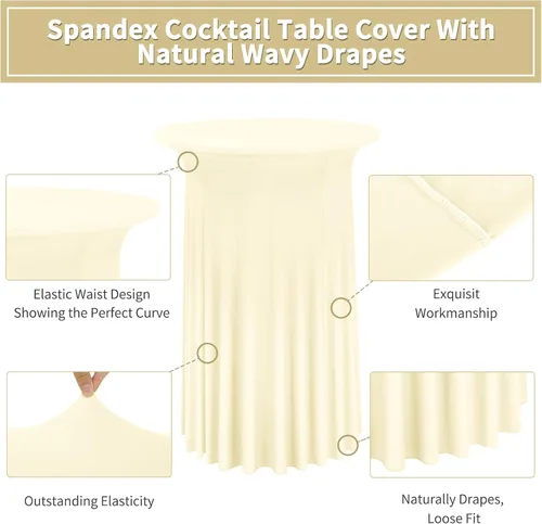 Vista 3 de Paquete de 4 manteles redondos para mesa de cóctel, de 32 x 43 pulgadas, de elastano, con cortinas onduladas, color beige, para mesa de boda, bar