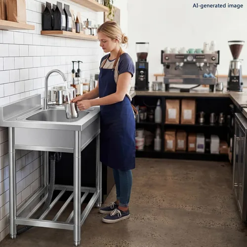 Vista 3 de Juego de fregadero de cocina de restaurante comercial de acero inoxidable de pie independiente con grifo, lavabo de mano de lavado de preparación