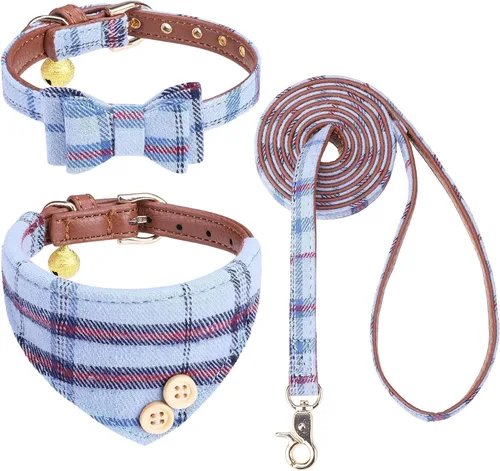 Vista 12 de KOOLTAIL Juego de collar y correa para perro pequeño con corbatín y campanas, lindo collar y correa para cachorros con patrón clásico a cuadros Beige