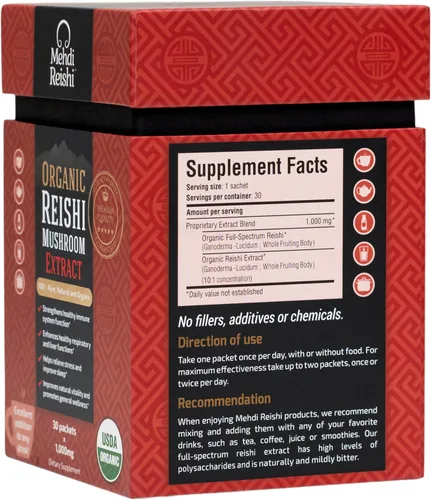 Vista 2 de Extracto de hongo Reishi orgánico en polvo para el cuerpo fructífero 35% beta glucano - 100% puro, premium y orgánico - 30 porciones - Ganoderma