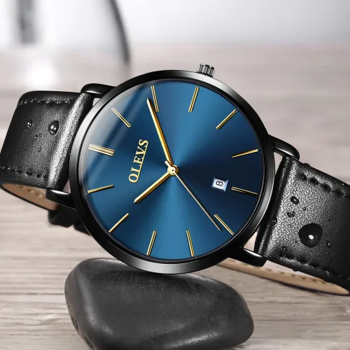 Vista 3 de OLEVS Brown Black Leahter Strap Quartz Analog Ultra Thin Minimalist Male Wrist Watches Waterproof Date Dial
