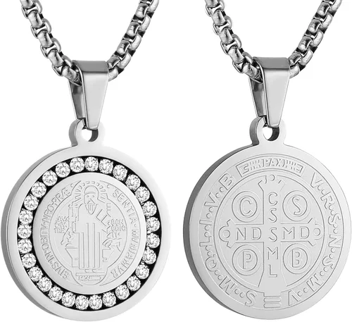 Vista 3 de HZMAN Collar de exorcismo de San Benito de acero inoxidable con circonita dorada y plata católica colgante de cruz para hombres y mujeres regalo