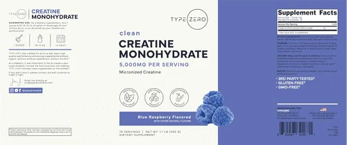 Vista 5 de Type Zero Monohidrato de creatina en polvo, 17.64 oz, sabor a frambuesa azul, sin gluten