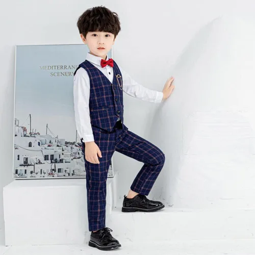 Vista 4 de Conjunto de chaleco y pantalones para niños, vestido a cuadros con camisa, esmoquin formal para boda, traje de portador de anillo de boda, Azul