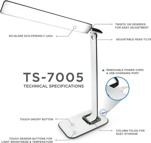 Vista 6 de Turcom Lámpara de escritorio LED con puerto de carga USB, controles táctiles regulables con ajuste de color, lámpara de tareas para el cuidado