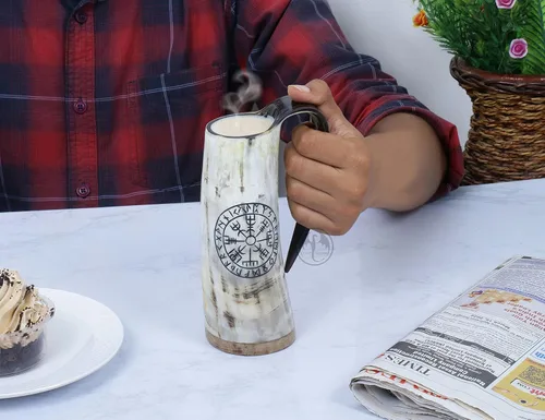 Vista 2 de Taza de café vikingo para beber, 12 onzas, regalos para hombres y mujeres, cuerno de buey real, grado alimenticio, medieval, líquidos calientes