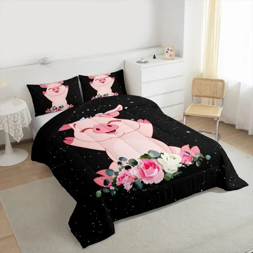 Vista 3 de Erosebridal Juego de edredón de cerdo rosa para niñas, decoración de habitación Kawaii, tamaño individual, relleno de edredón de hojas florales