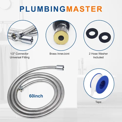 Vista 4 de Manguera de ducha de 60 pulgadas de acero inoxidable de mano de repuesto con tuerca de latón, extensión de manguera de ducha flexible larga