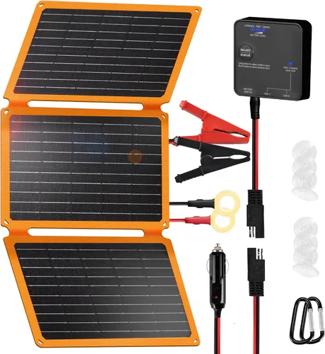 Vista 11 de FieryRed Cargador y mantenedor de batería de coche con panel solar de 10 W y 12 V, cargador de goteo impermeable con controlador integrado, enchufe