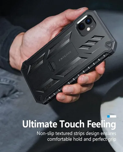 Vista 6 de FNTCASE Funda para iPhone 11: funda para iPhone XR [protector de pantalla y soporte integrados] [protección contra caídas de grado militar] Negro