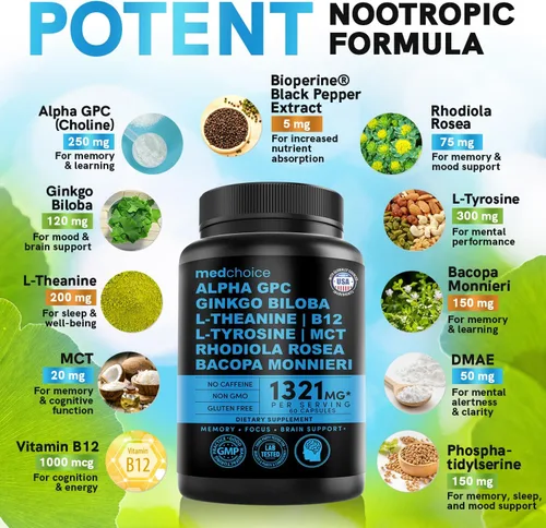 Vista 2 de Suplemento cerebral nootrópico 12 en 1 anhidro: Ginkgo Biloba para apoyo cerebral, memoria y enfoque - B12, Alpha GPC, L Teanina y suplementos