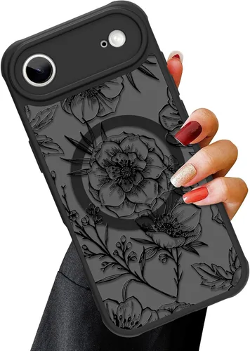 Vista 10 de OOK Funda magnética para iPhone 13 Pro Max [compatible con MagSafe] Funda delgada translúcida mate con flor silvestre negra, protección para lente