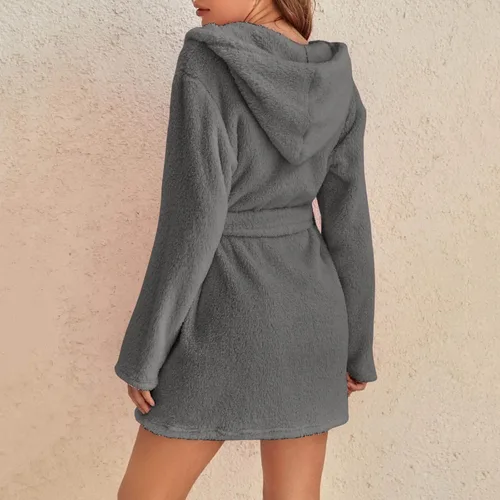 Vista 3 de Batas de baño con capucha para mujer ligera de forro polar acogedora cálida para dormir kimono con bolsillos