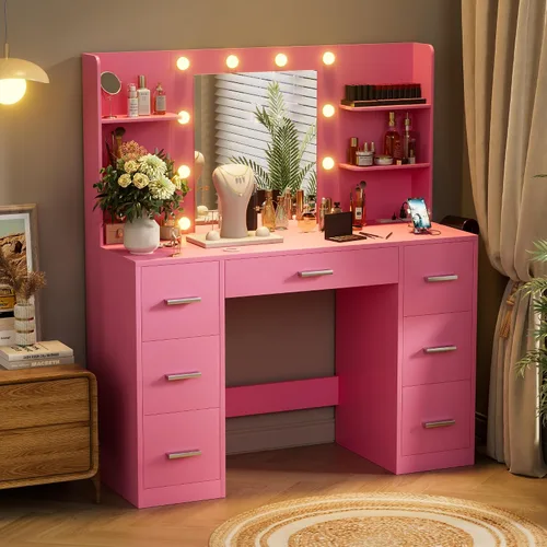 Vista 2 de VICTONE Escritorio de tocador con espejo iluminado LED y toma de corriente, 3 modelos de luces, mesa de tocador de maquillaje con 7 cajones y 6