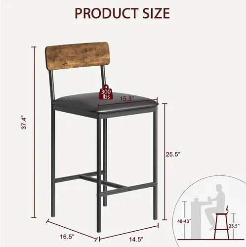 Vista 6 de Amyove Juego de 2 taburetes de bar, sillas de bar tapizadas con respaldo, taburetes de cocina de 25.5 pulgadas con reposapiés, cojín grueso, Marrón