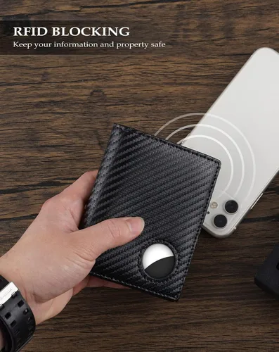 Vista 23 de Swallowmall AirTag Billetera para hombre con bloqueo RFID, de piel auténtica, plegable, para AirTag con 1 ventana de identificación, 13 tarjeteros