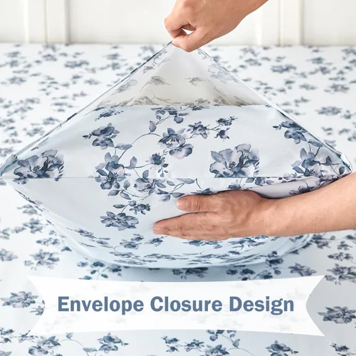 Vista 6 de URBONUR Fundas de almohada 100% algodón tamaño estándar, paquete de 2 fundas de almohada estándar con estampado floral azul, cierre de sobre súper