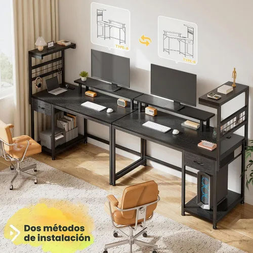 Vista 8 de EnHomee - Escritorio para juegos de 40 pulgadas con luces LED y tomas de Negro