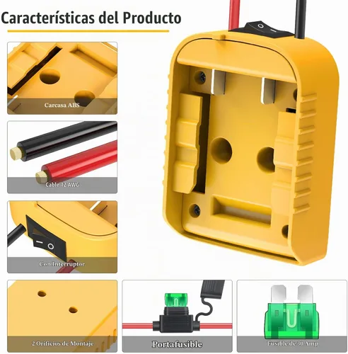 Vista 3 de Adaptador de ruedas eléctricas para Dewalt Adaptador de batería de 20 V, kit de convertidor de batería con fusible, interruptor y conector de arnés