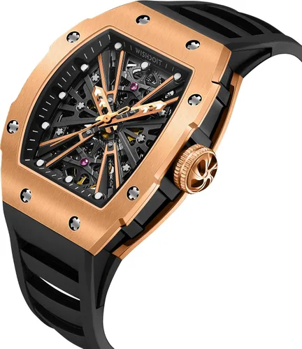 Vista 3 de WISHDOIT Relojes de pulsera mecánicos automáticos Tonneau para hombre, acero inoxidable, con forma de barril, estilo deportivo, impermeable, correa
