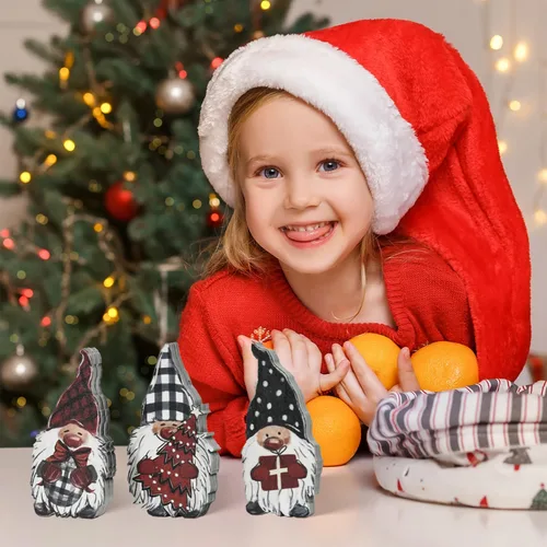 Vista 3 de Smile - 3 carteles de Navidad con bloques de madera, gnomos, regalos de gnomos, bandeja escalonada, para estante de mesa del hogar.