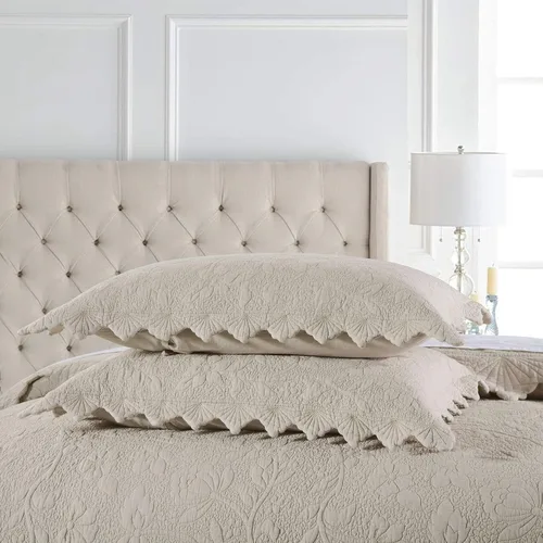 Vista 9 de Brandream Juego de ropa de cama Queen de 6 piezas de algodón blanco y beige, juego de ropa de cama de granja festoneada