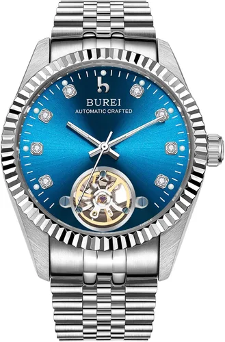 Vista 16 de BUREI Reloj automático de lujo para hombre, resistente al agua, reloj mecánico, correa ajustable de dos tonos de acero inoxidable