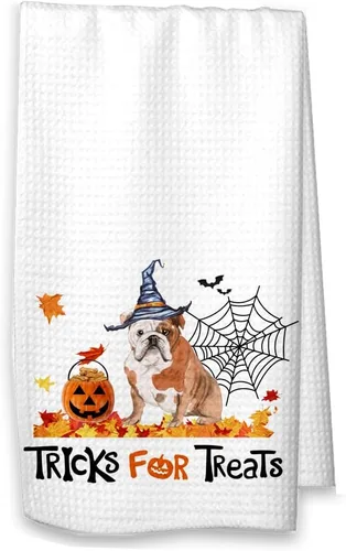Vista 4 de Tricks for Treats - Toalla de gofres de cocina de Bulldog inglés, Halloween, decoración de otoño de bulldog inglés
