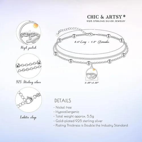 Vista 67 de CHIC & ARTSY Tobilleras de plata de ley S925 para mujer, pulsera de tobillo ajustable multicapa para playa, joyería de verano para mujer, de 10 a 11