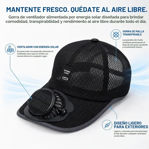 Vista 2 de Sombrero de pesca con ventilador solar, recargable por USB, negro