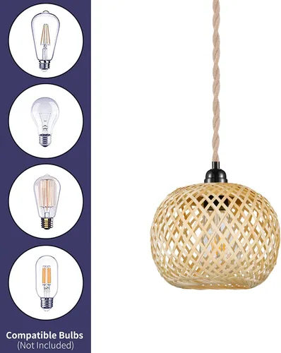 Vista 3 de Lámpara colgante de mimbre con enchufe bohemio 15ft Hemp Rope Cord, MINI Bamboo Lampshade, Wall Lighting Swag Lamp, for Kitchen Island Farmhouse