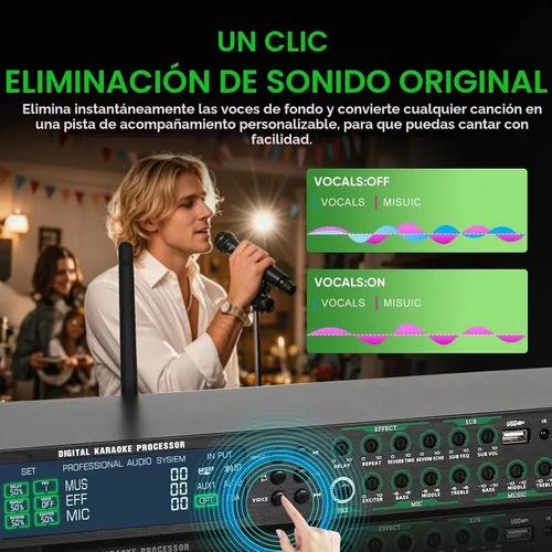 Vista 5 de AX-666 Mezclador Profesional de Karaoke Procesador KTV con Micrófonos Inalámbricos Duales, Sistema de Procesador de Efectos de Audio Vocal de Efecto