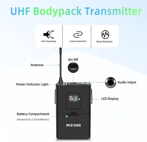 Vista 3 de Sistema de micrófono inalámbrico de solapa con auriculares y micrófonos de solapa, receptor de metal UHF de 4 canales con 2 micrófonos de mano y 2