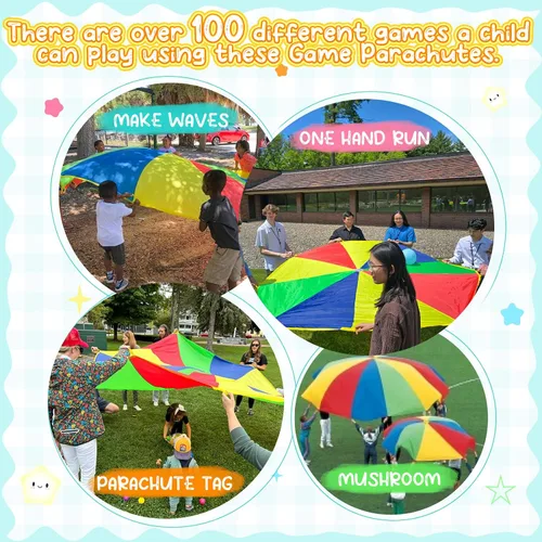 Vista 2 de Sonyabecca Paracaídas de 8 pies para niños con 9 asas para jugar paracaídas para 4 y 8 niños, tienda de campaña, juegos cooperativos, regalo
