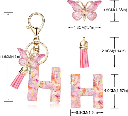 Vista 2 de Llavero de letra inicial del alfabeto de moda, borla y mariposa, llavero para bolso, bolsos de mano para mujeres y niñas
