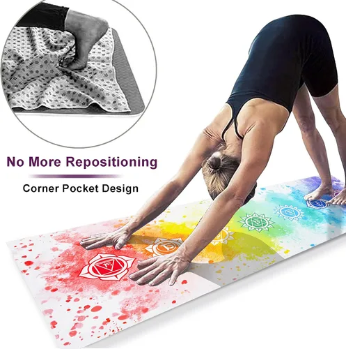 Vista 4 de Toalla para esterilla de yoga con bolsillos en las esquinas, toallas de yoga de microfibra para yoga caliente, antideslizantes, absorben la humedad