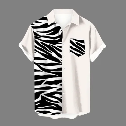 Vista 2 de Camisas estampadas con cuello vuelto para Hombre, Informal, de Manga Corta, con bolsillos, cárdigan, Camisa hawaiana