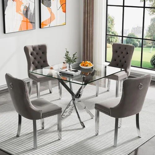 Vista 78 de Juego de mesa de comedor SSLine moderno de 3 piezas con mesa redonda de vidrio para 2, lujosa mesa de comedor circular de 36" con tapa de vidrio