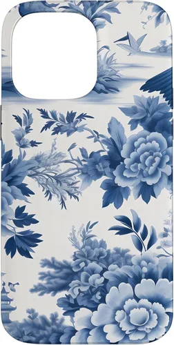 Vista 21 de iPhone 16 White and blue Chinoiserie Botanical Floral Bird Classic Case