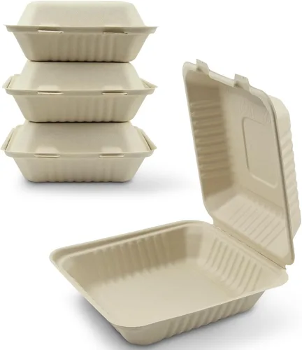 Vista 11 de Green Earth, 6 pulgadas, 125 unidades, almeja compostable de hamburguesa acanalada, BAM ware (fibra de bambú), cajas de comida para llevar
