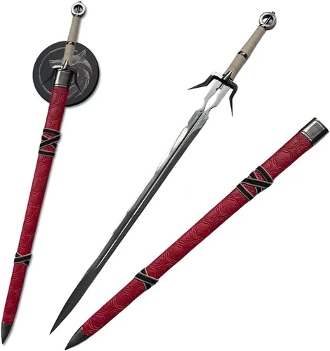 Vista 3 de Espada de acero plateado de Geralt de 50 pulgadas, espada de lobo blanco, espada larga medieval de fantasía, acero de alto manganeso con una placa