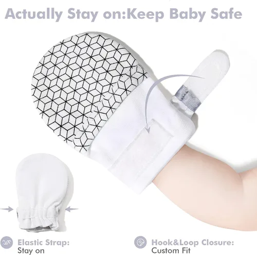 Vista 4 de HAPIU Manoplas para bebé que no se rayan, 100% algodón transpirable, guantes ajustables para niños y niñas, recién nacidos, 12 M